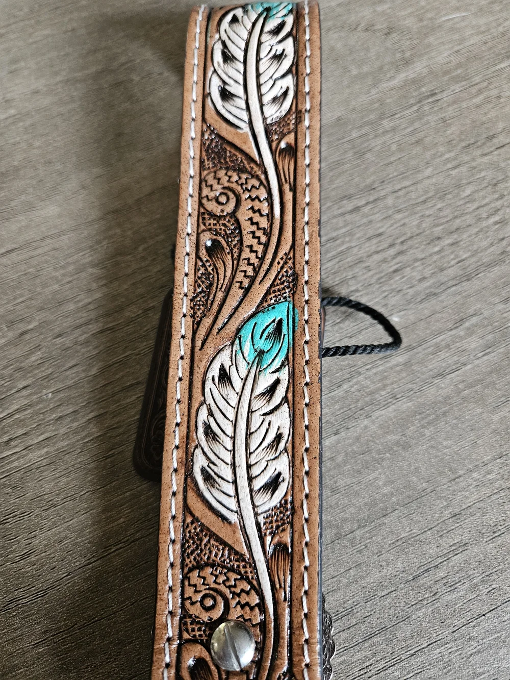 Handcrafted Brown Leather Feather Wristlet Keychain with Turquoise Accent-NWT